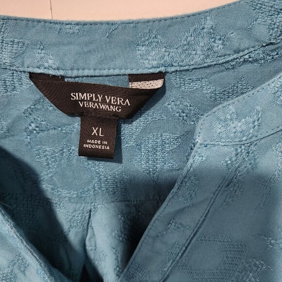 Simply Vera Vera Wang Blue Jacquard V-neck long sleeve BOHO top blouse shirt XL - Picture 2 of 8